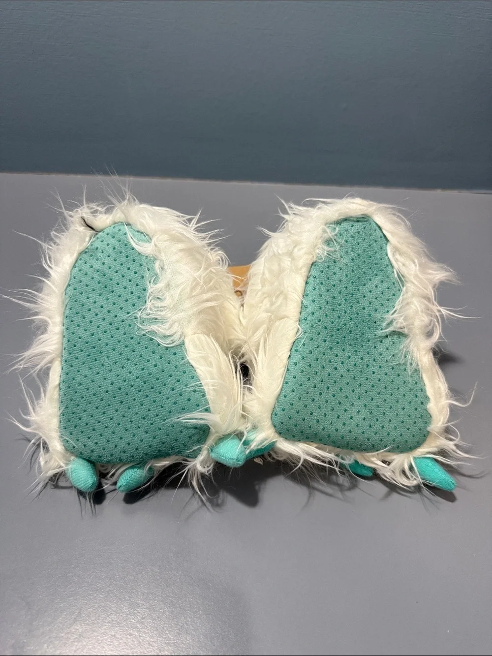 Lazy One White Fuzzy Monster Bootie Slippers with Teal Accents